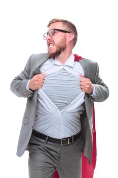 in full growth. a single-minded businessman in a superhero Cape rips his shirt. isolated on white