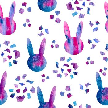 watercolor hand drawn seamless pattern illustration easter rabbits bunnies silhouette contour of abstract space galaxy lilac violet purple confetti blue background. For easter spring holiday decoration