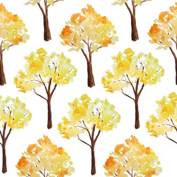 Watercolor hand drawn seamless pattern illustration of autumn fall tree in forest wood woodland park. Outdoor wild landscape. Nature camping design, fall activities in the open. Orange yellow colors season