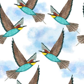 Watercolor seamless hand drawn pattern with wild kingfisher bee-eater birds in forest woodland. Wildlife natural vintage background with floral leaves greenery branches, nature bird flying design