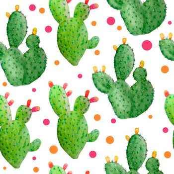 Watercolor hand drawn seamless pattern of tropical mexican cactus cacti succulents. Green natural house plants in pots botanical illsutration print interior design decoration for wallpaper textile