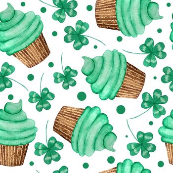 Seamless watercolor hand drawn pattern with green cupcakes for St. Patricks day celebration tradition. Lucky clover shamrock polka dot background. Ireland irish food bakery. Spring march celtic