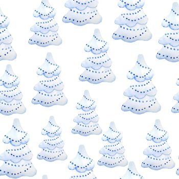 Watercolor seamless hand drawn pattern with christmas fir pine trees in blue decoration ornament. New year celebration design in nordic scandinavian style on white background. Minimalist simple cartoon