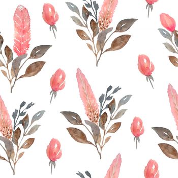 Watercolor seamless pattern with pink and brown boho bohemian feathers, roses flowers leaves. Tribal tribe traditional design. Neutral elegant colors for graphic decor wallpapers textile