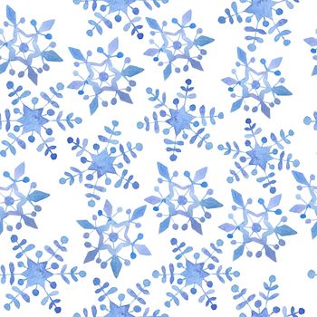 Watercolor hand drawn seamless pattern with blue elegant snowflakes for Christmas new year design wrapping paper textile. Electric blue snow frost pastel invitation celebration. Cold weather background