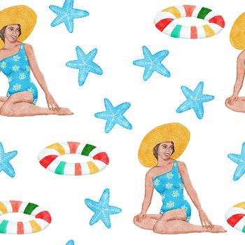 Watercolor hand drawn seamless pattern with beach vibe holiday summer vacation, woman star. Sea ocean nautical elements swimwear swimsuit flamingo palm tropical hawaii design. Ice cream bag hat