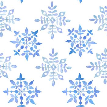 Watercolor hand drawn seamless pattern with blue elegant snowflakes for Christmas new year design wrapping paper textile. Electric blue snow frost pastel invitation celebration. Winter background