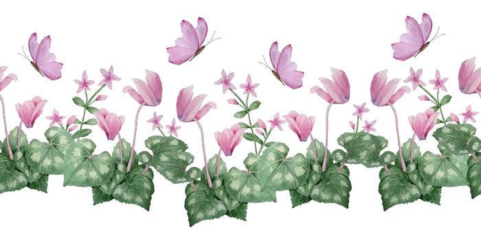 Watercolor hand drawn seamless horizontal border illustration pink violet purple cyclamen wild flowers butterflies. Forest wood woodland nature plant, realistic design leaves petals. Wedding cards, invitation