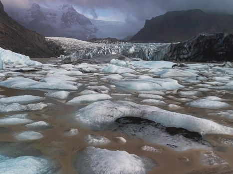 Massive glacier tongue end melt down with small icebergs