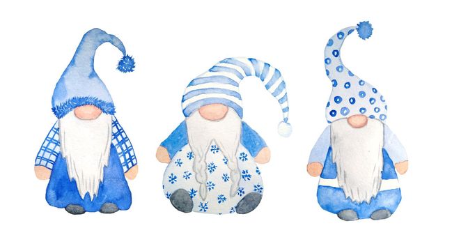 Watercolor hand drawn nordic scandinavian gnomes for christmas decor tree. New year illustration in blue grey cartoon style. Funny winter character north swedish elf in hat beard. Greeting card wrapping paper