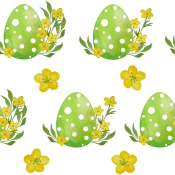 Watercolor seamless hand drawn pattern with green Easter polka dot eggs and yellow ranunculus buttercup flowers leaves. Colorful spring festival design. Easter hunt elegant bright decorative background