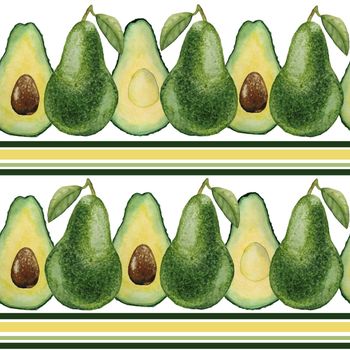 Watercolor hand drawn seamless pattern with green avocado, cut in half pieces with stripes lines. Healthy vegetarian food fresh guacamole, juicy summer cooking. For cafe menu kitchen textile