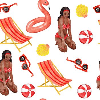 Watercolor hand drawn seamless pattern with beach vibe holiday summer vacation African American woman. Sea ocean nautical elements swimwear swimsuit flamingo palm tropical hawaii design. Ice cream bag hat