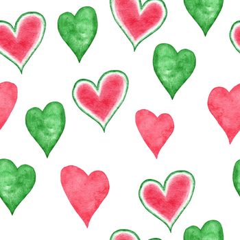 Watercolor seamless hand drawn pattern with red green abstract shapes elements watermelon hearts, bright summer background. Minimalist modern fabric print design for textile wallpaper wrapping paper, simple organic forms