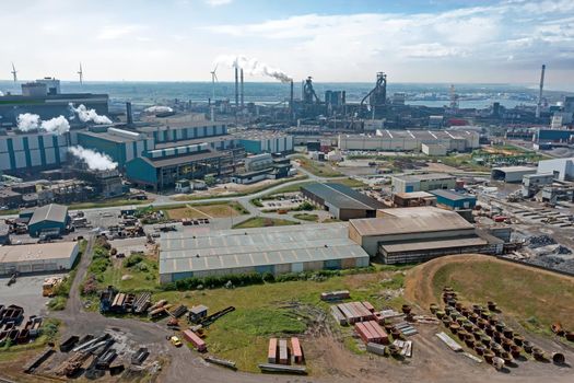 Aerial from heavy industry at IJmuiden in the Netherlands, smo,