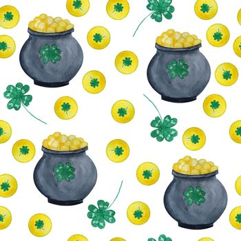Seamless watercolor hand drawn pattern with St Patricks day elements, treasure magic pot gold coins. Celtic lucky clover shamrosck leaves background, celebration Irish Ireland parade tradition.