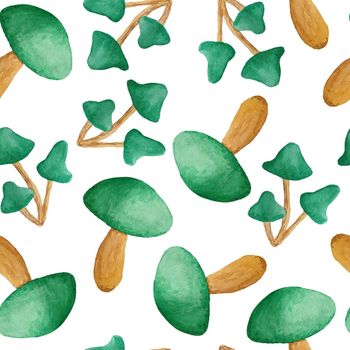 Seamless watercolor hand drawn pattern with St Patricks day elements, green funny realistic mushrooms, wood forest woodland background. Irish Ireland festive celebration desifn for parade parties