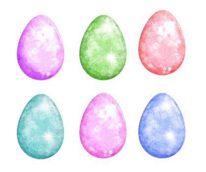 Watercolor hand drawn Easter eggs in purple pink green blue. Spring egg hunt april celebration design with glitter shiny shimmering texture background