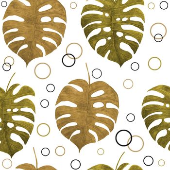 hand drawn watercolor seamless pattern illustration of exotic tropical monstera leaf leaves in gold golden and bronze color. Botanical lush foliage for trendy textile design wrapping paper banners summer holiday
