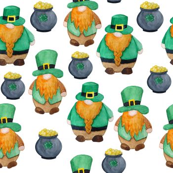 Seamless watercolor hand drawn pattern with St Patricks day parade elements, Irish Ireland gnomes dwarfs leprechauns in green hats, pot of gold treasure. Lucky clover shamrock background, magic celtic tradition .