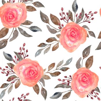 Watercolor seamless pattern of pink blush roses flowers and grey brown neutral faded leaves. Bouquets, petals blossom. Elegant garden blooms for textile wedding invitation cards wallpaper.