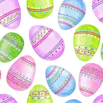 Watercolor seamless hand drawn pattern with Easter eggs bunnies rabbit in pastel pink green blue colors. Spring april background for party decor wrapping paper textile