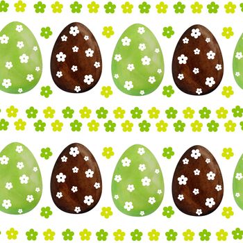 Seamless watercolor hand drawn pattern happy easter eggs of green brown chocolate color with polka dot ornament. Colored religious Christian symbols for cards invitation design celebration decoration