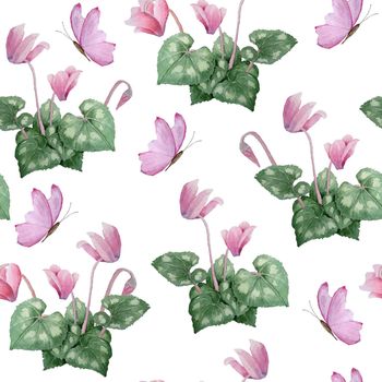 Watercolor hand drawn seamless pattern illustration of pink violet purple cyclamen wild flowers butterflies. Forest wood woodland nature plant, realistic design leaves petals. For wedding cards, invitation