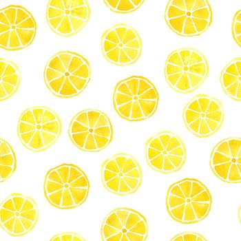 hand drawn watercolor seamless pattern yellow lemon and olive green lime citrus slices. Trendy fresh organic fruits source of vitamin C component for summer cocktails natural bright intense vibrant