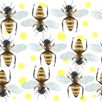 Watercolor seamless hand drawn pattern with bumble bees, nature natural insects, summer vibes modern design. Honeycomb yellow white background for textile wallpaper wrapping paper. Reatistic animal farm