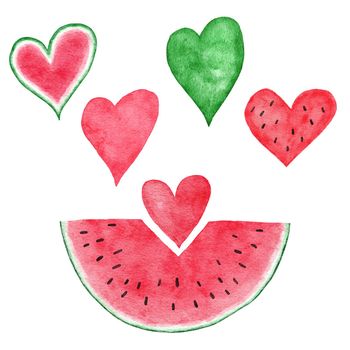 Watercolor hand drawn illustration of watermelon hearts in red and green colors, summer fruit design for party decoration vegetable background. Natural organic plants, slices, seeds elements, fresh food concept