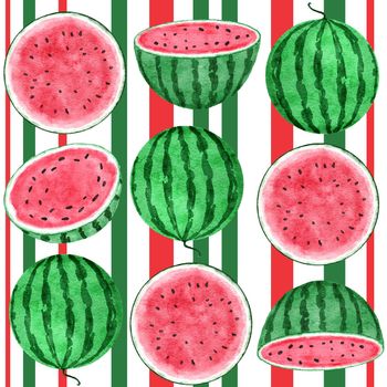 Watercolor hand drawn seamless pattern with watermelon fruit and stripes, red green tropical food, bright summer holiday background. Juicy frech natural plant design with geometric elements