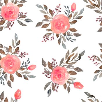 Watercolor seamless pattern of pink blush roses flowers and grey brown neutral faded leaves. Bouquets, petals blossom. Elegant garden blooms for textile wedding invitation cards wallpaper.