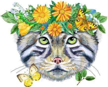 Watercolor drawing of the animal - cat manul in a flower wreath, sketch