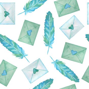 Seamless watercolor hand drawn pattern with green blue turquoise letters feathers quills hearts for St Valentine Day fabric wrapping paper. Elegant design background for love celebration wedding. Modern print