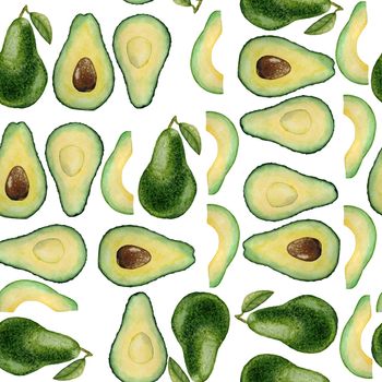 Watercolor hand drawn seamless pattern with green avocado, cut in half pieces. Healthy vegetarian food fresh guacamole, juicy summer cooking. For cafe restaurant menu kitchen textile