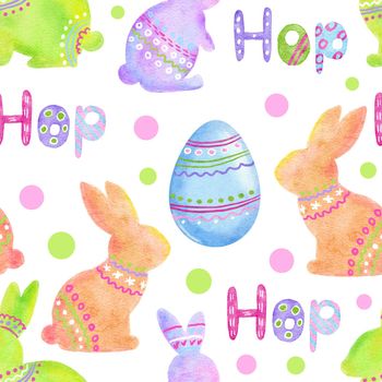 Watercolor seamless hand drawn pattern with orange purple Easter bunnies rabbits blue Easter eggs on pastel polka dot background. April spring design for wrapping paper party decor textile hop hoppy print