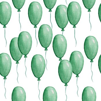 Seamless watercolor hand drawn pattern with St Patricks day elements, green air balloons floting on white background. Irish celebration tradition festival parade. Birthday party decorative design.