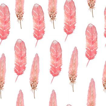 Watercolor seamless pattern with pink and brown boho bohemian feathers. Tribal tribe traditional design. Neutral elegant colors for graphic decor wallpapers wrapping paper textile