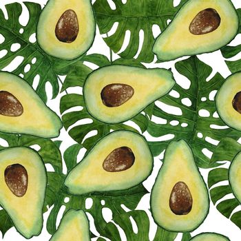 hand drawn watercolor seamless pattern of green healthy tropical avocado fruit with monstera leaves. Mexican super food exotic botanical plant vegetarian diet cut in half with brown seed ingredient