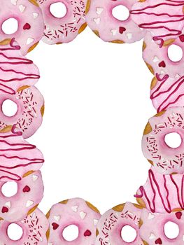 watercolor hand drawn page frame template illustration of pink sweet tasty delicious donuts with sugar glaze and heart love decoration. St valentine day textile wrapping paper bakery dessert food