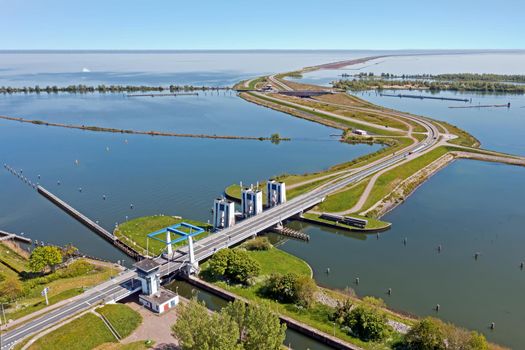 Aerial from sluices at Krabbersgat near Enkhuizen at the IJsselmeer in the Netherlands