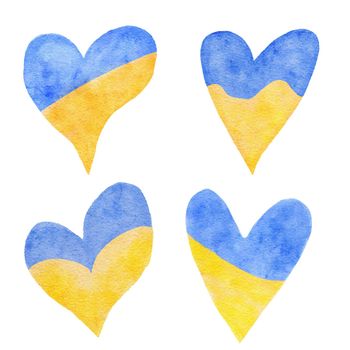 Hand drawn heart shapes with Ukraine Ukrainian heart in blue yellow colors of UA flag, concept for charity support, stop war design. Pray for Ukraine print watercolor background elements stickers clipart