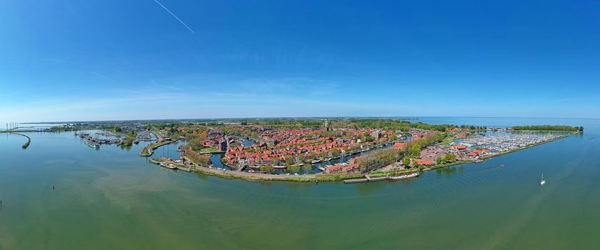 Aerial panorama from the city Enkhuizen at the IJsselmeer in the Netherlands