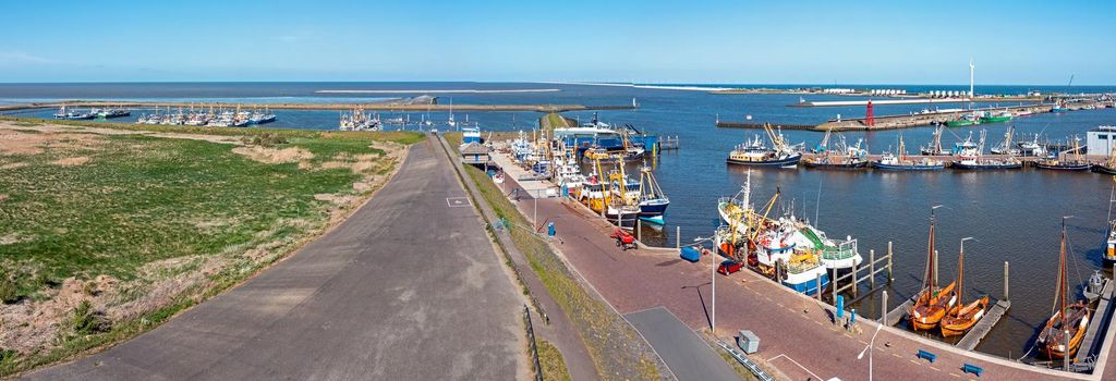 Aerial panorama from the fishing harbor in Den Oever in the Netherlands