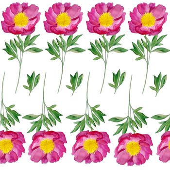 Watercolor hand drawn seamless pattern illustration of deep pink red peony with greaan leaves leaf stem. Floral design nature flower, spring summer bloom blossom flora. For wedding invitations romantic element