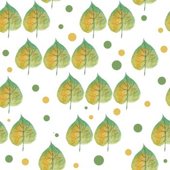 Seamless hand drawn watercolor pattern with green yellow wild leaves in wood woodland forest on polka dot. Organic natural plants, floral botanical design for textile wrapping paper. Fall autumn