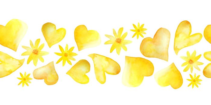 Seamless watercolor hand drawn horizontal border with hearts daisy flowers. Illustration in warm sunny yellow orange colors. For st valentine romantic love, blossom summer wedding boho decoration