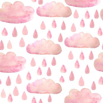Seamless watercolor hand drawn pattern with blush pink clouds rain drops. Soft pastel colors for textile design wallpaper baby shower illustration invitation cards posters. Children kids sleeping clothes doodle