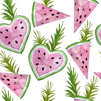 Seamless watercolor hand drawn pattern with sweet juicy watermelon slices and green palm leaves. Summer holiday tropical exotic jungle vacation. graphic floral illustration design for wallpaper textile package